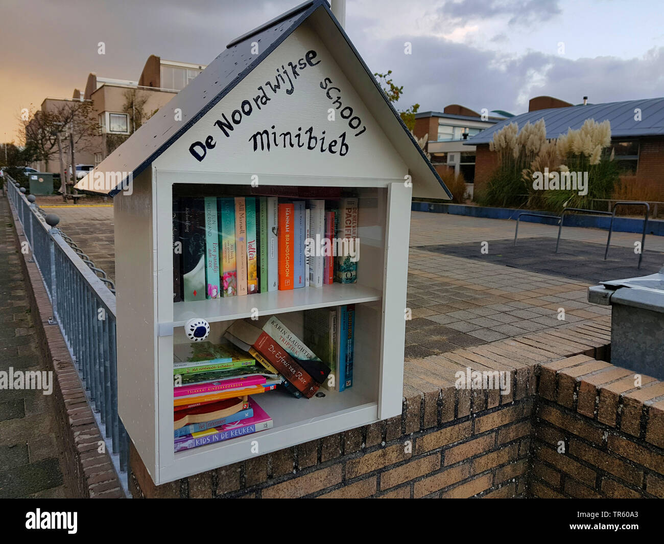 Mini libreria per il cambiamento di seconda mano libri in un luogo di vacanza, Paesi Bassi, Noordwijk aan Zee Foto Stock