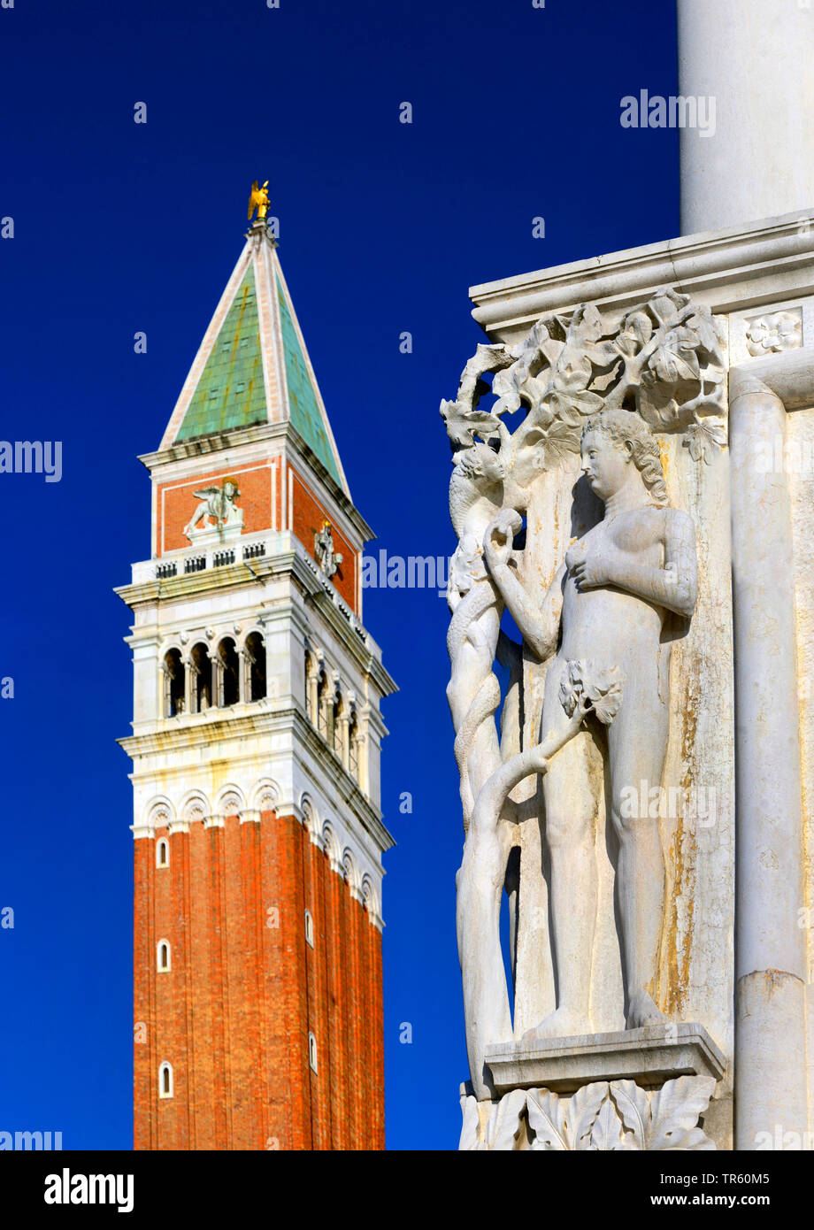 Il campanile sul luogo di San Marco a Venezia con la statua di Capodanno. Venezia. Italia, Italia, Venezia Foto Stock