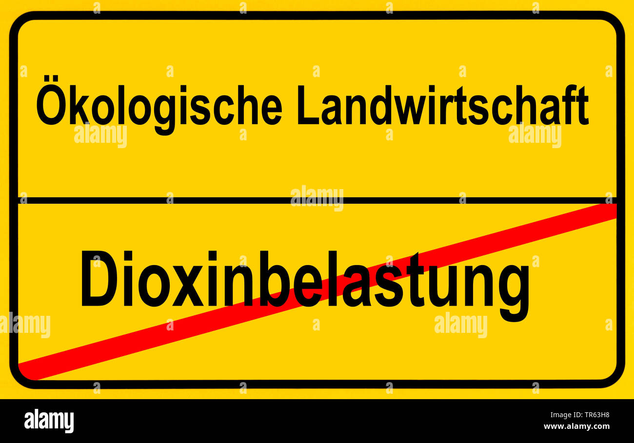 Città segno limite Oekologische Landwirtschaft / Dioxinbelastung, agricoltura biologica / inquinamento di diossina, Germania Foto Stock