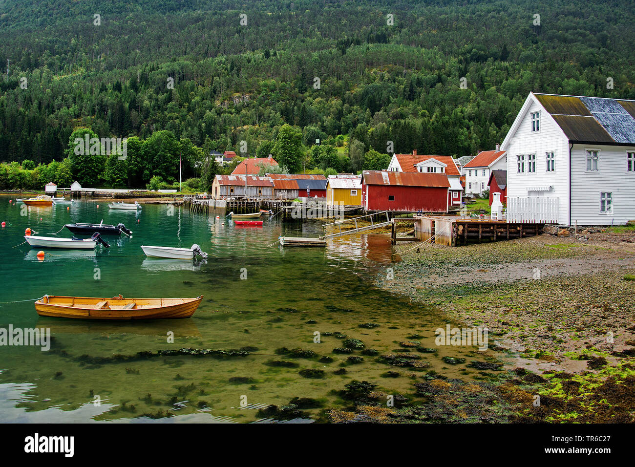 Solvorn sulla sponda occidentale del Lustrafjorden, Norvegia Sogn og Fjordane, Solvorn Foto Stock