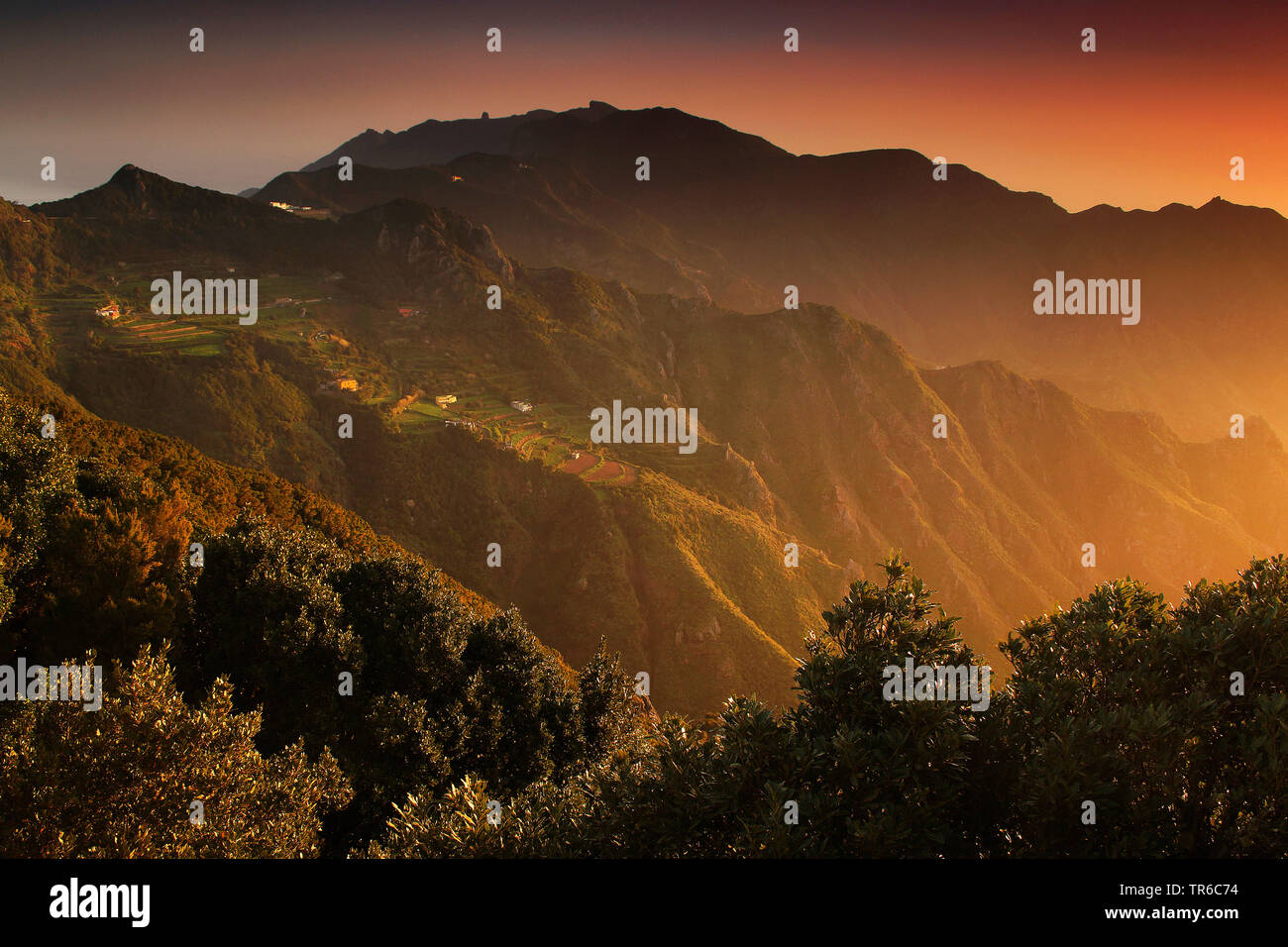 Macizo de Anaga la gamma della montagna di sunrise, Isole Canarie, Tenerife, Almaciga Foto Stock