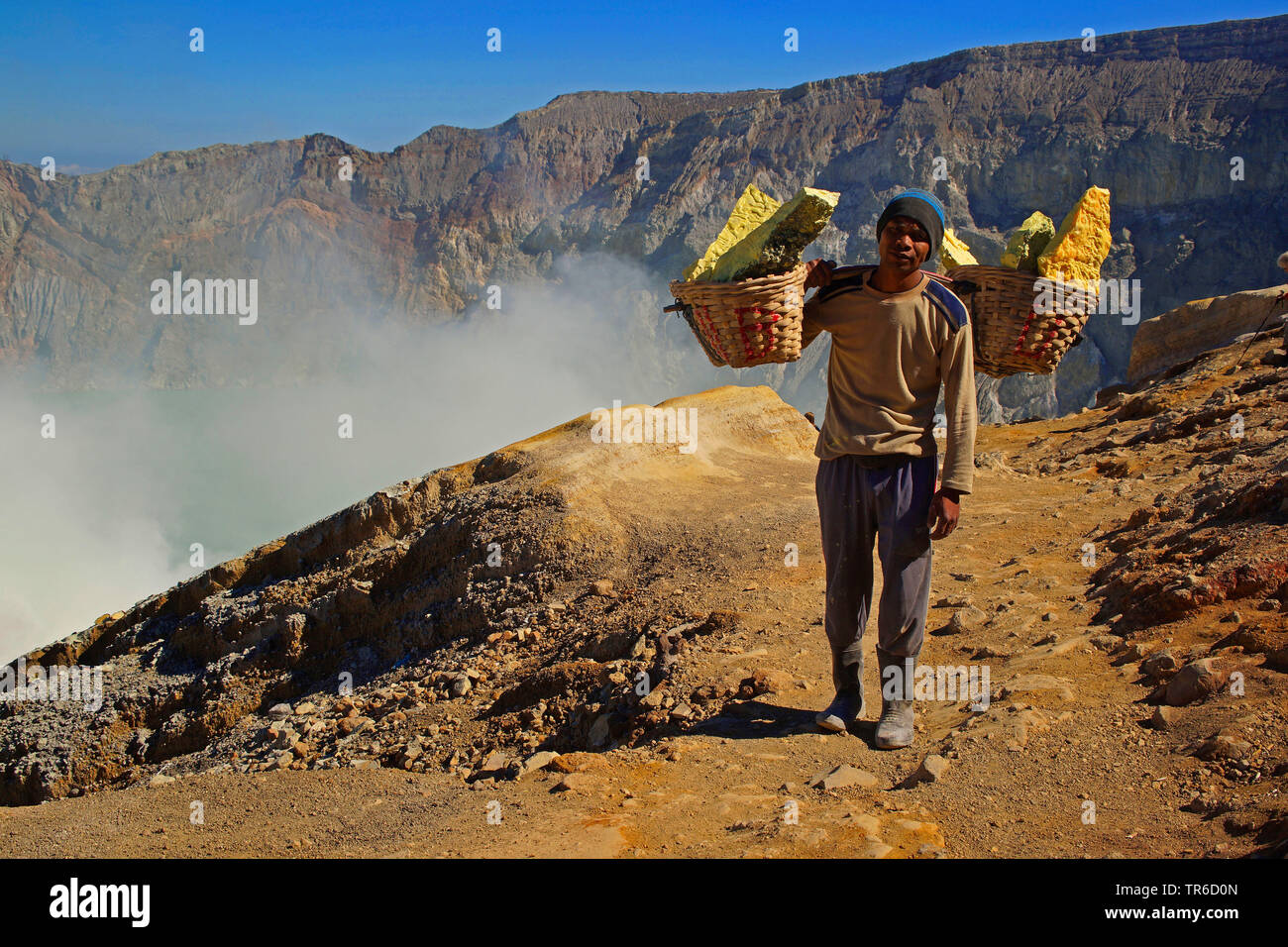 Lavoratore carico di zolfo rocce di Kawah Ijen, Indonesia, Java, Bromo Tengger Semeru National Park Foto Stock