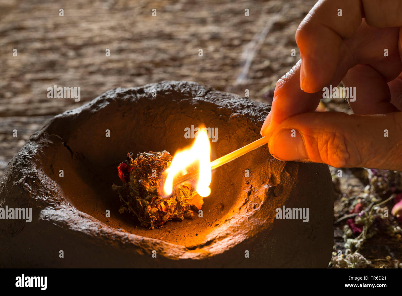 Incenso-bruciatore con erbe essiccate, Germania Foto Stock