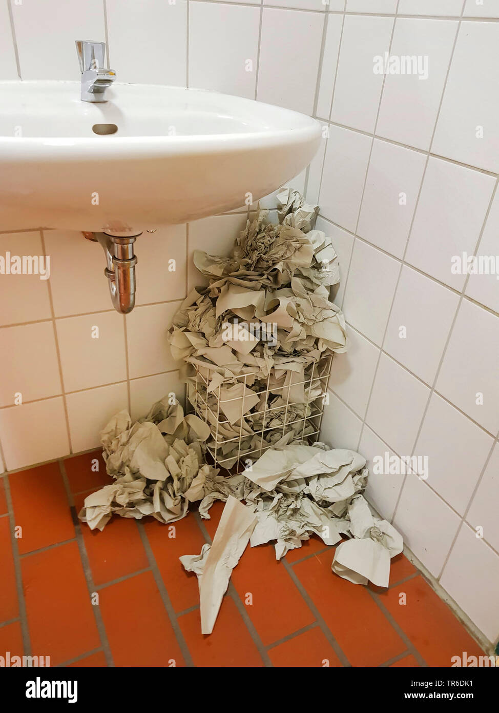 Cestino di troppo pieno con un tovagliolo di carta in una toilette pubblica, Germania Foto Stock