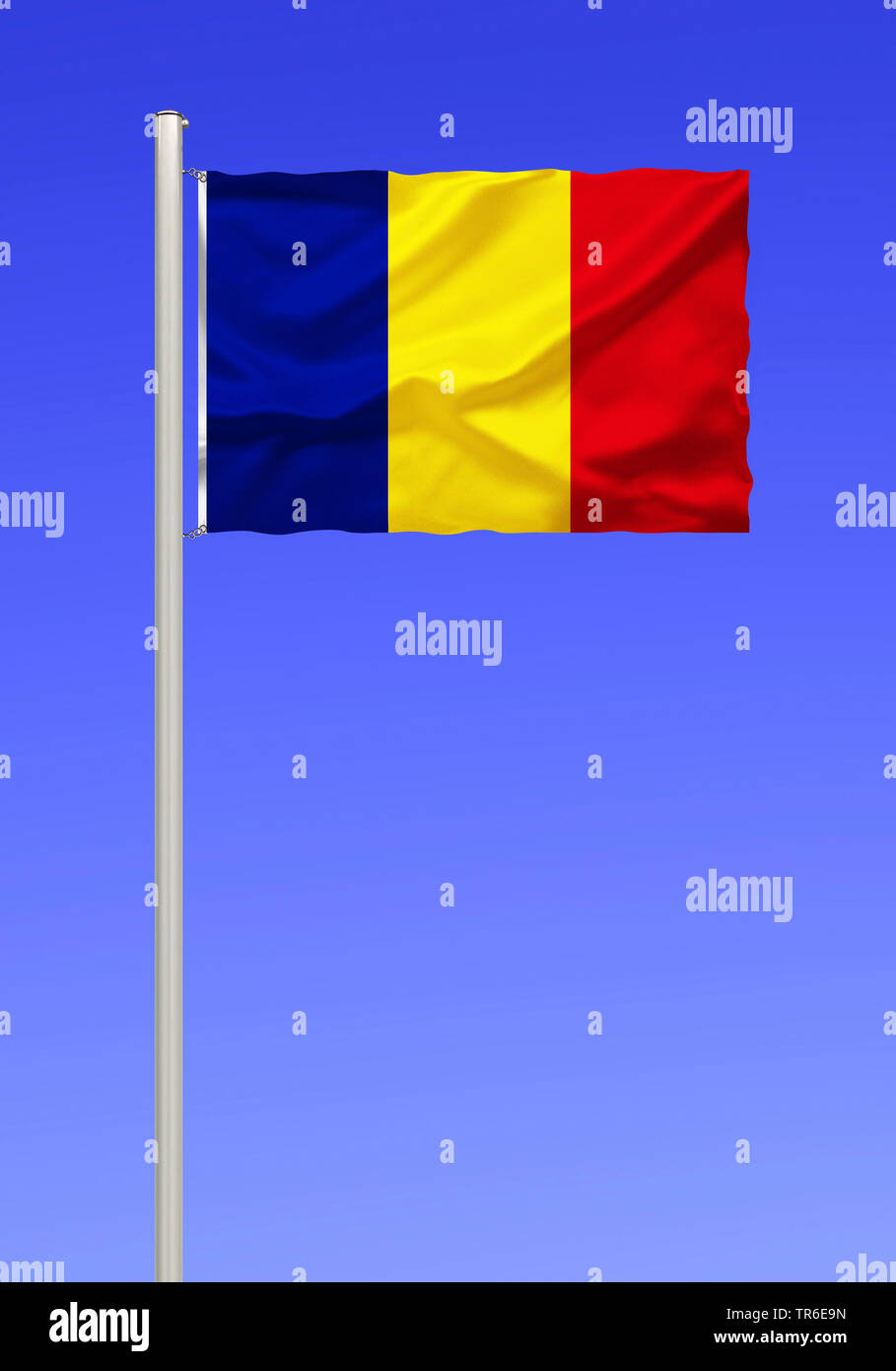 Bandiera della Romania contro il cielo blu, Romania Foto Stock