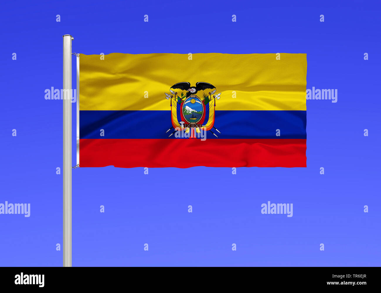 Bandiera dell'Ecuador contro il cielo blu, Ecuador Foto Stock