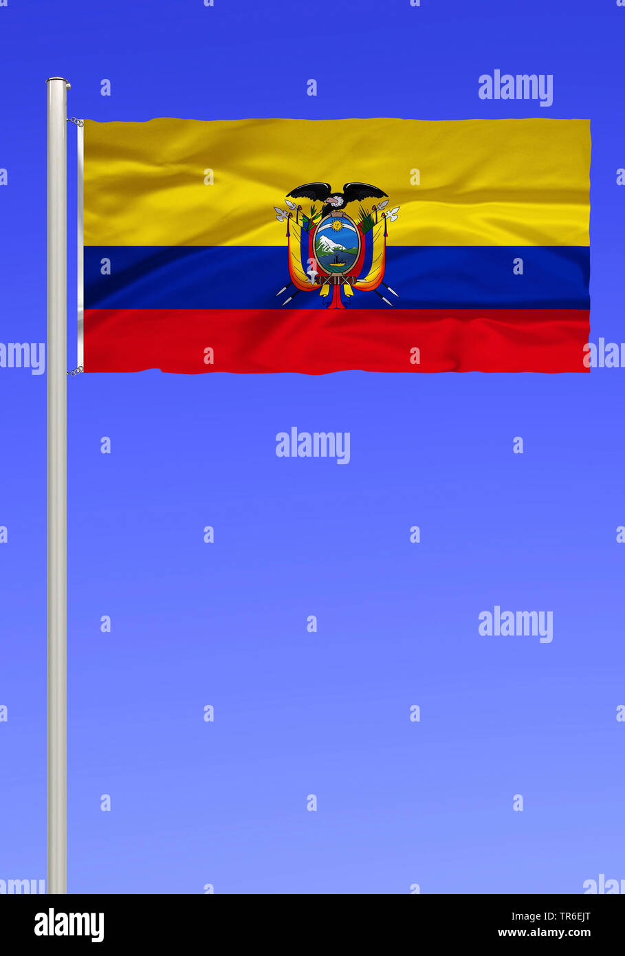 Bandiera dell'Ecuador contro il cielo blu, Ecuador Foto Stock