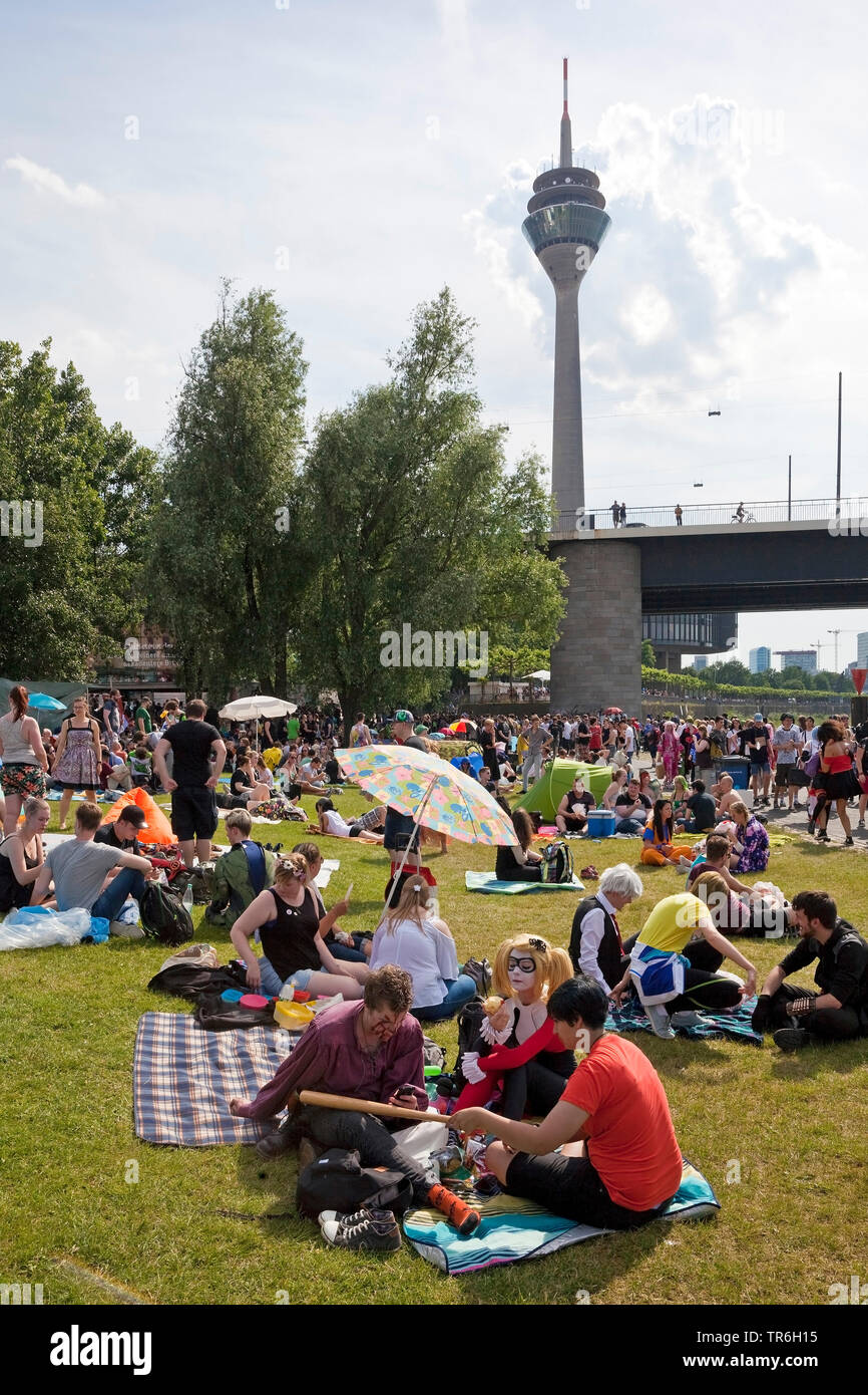 Turisti sul prato lungo il Reno riverbank sul Giappone giorno, Rheinturm in background, in Germania, in Renania settentrionale-Vestfalia, Duesseldorf Foto Stock