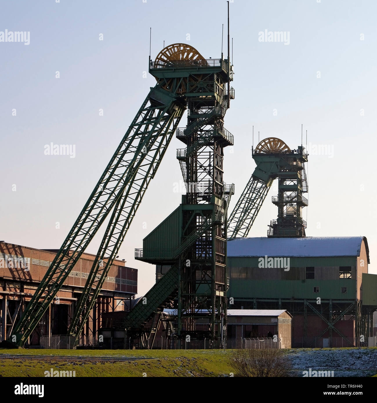 Torre di albero del carbone dismesse miniera Westfalen, in Germania, in Renania settentrionale-Vestfalia, Ahlen Foto Stock