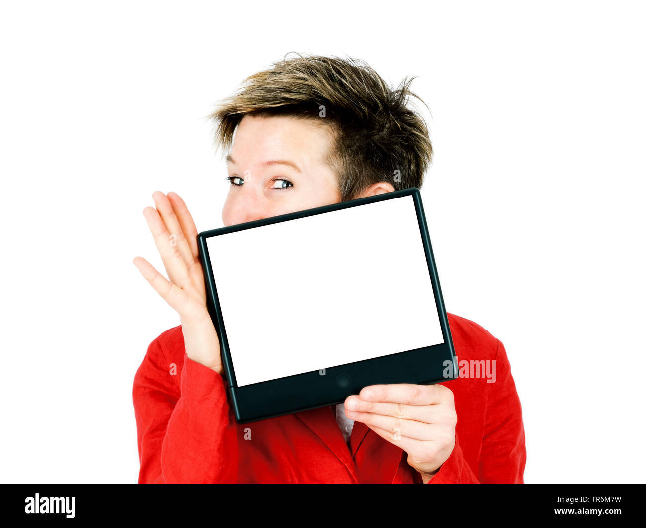 Shorthaired donna presentando una schermata vuota, Germania Foto Stock