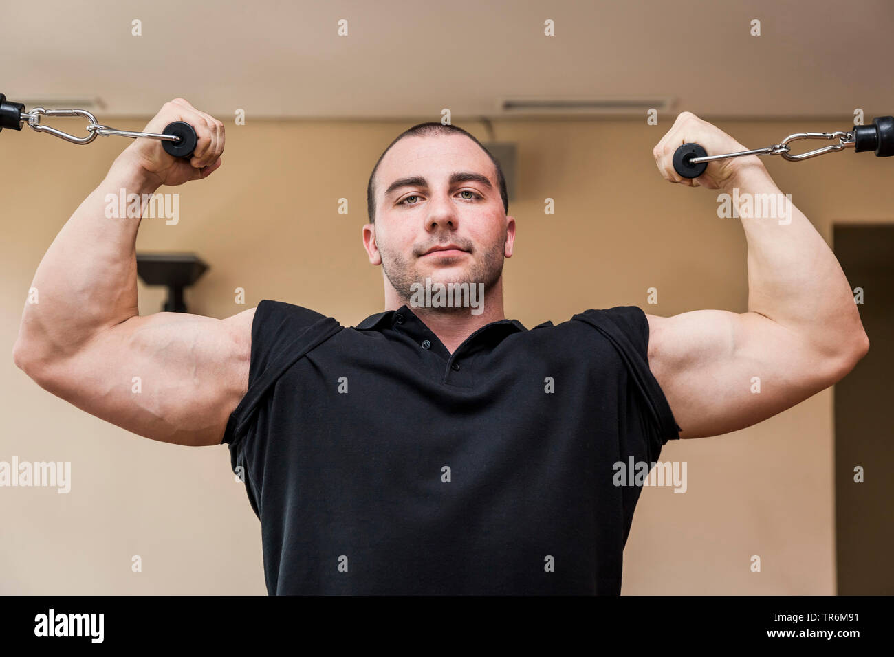 Allestitore di formazione in un centro fitness, Germania Foto Stock