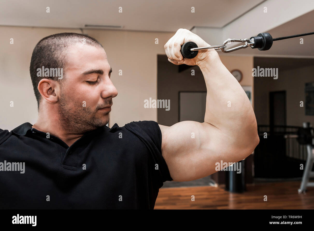 Allestitore di formazione in un centro fitness, Germania Foto Stock