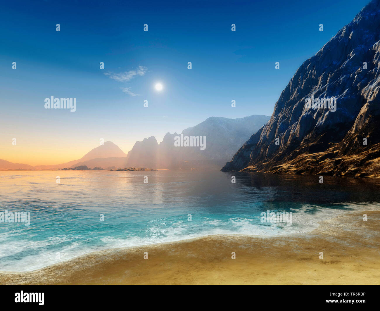 Paesaggio virtuale, paesaggi costieri con le montagne e la spiaggia di sabbia, grafica computerizzata Foto Stock