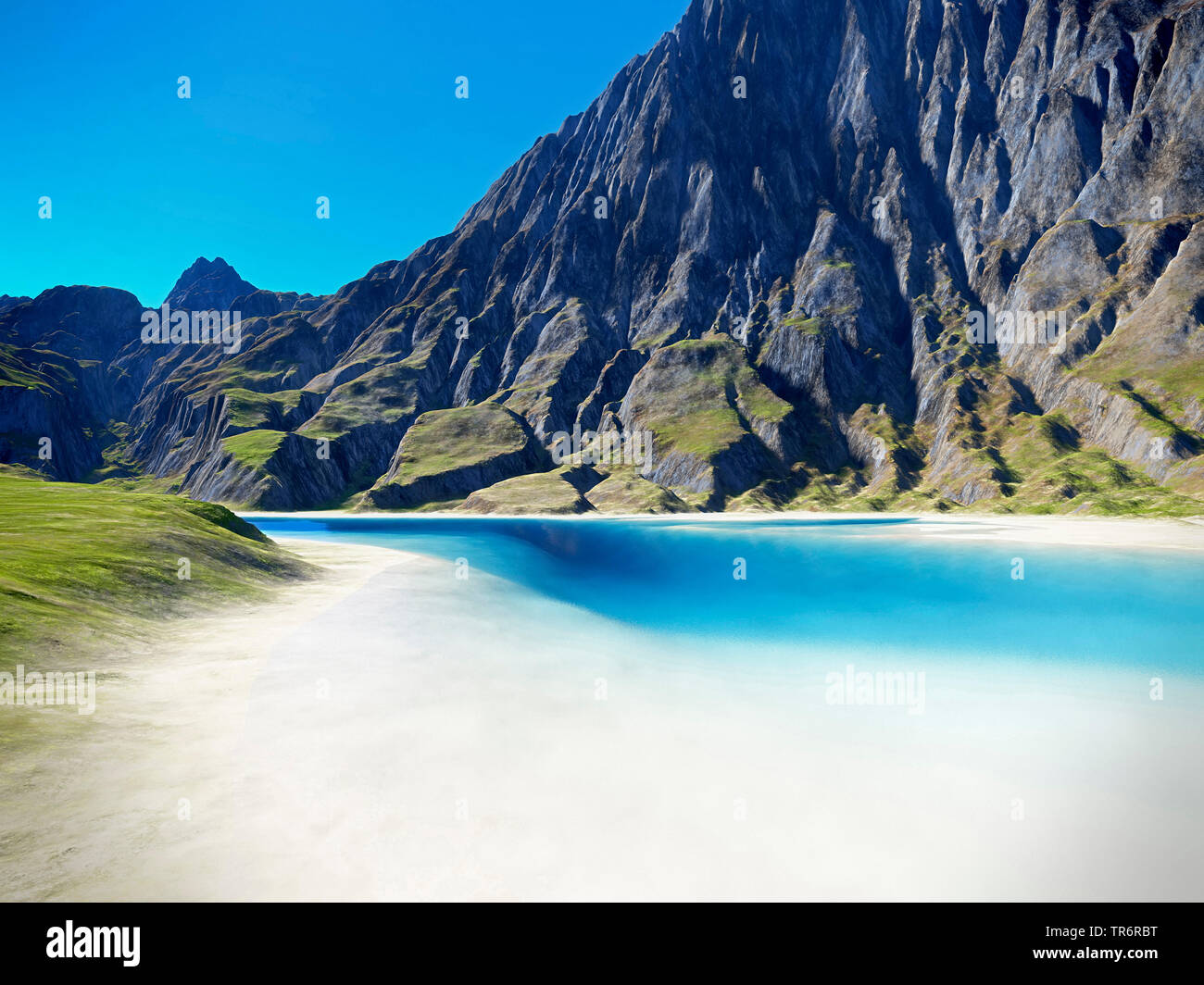 Scenario virtuale, spiaggia sabbiosa e rocciosa del paesaggio di montagna Foto Stock