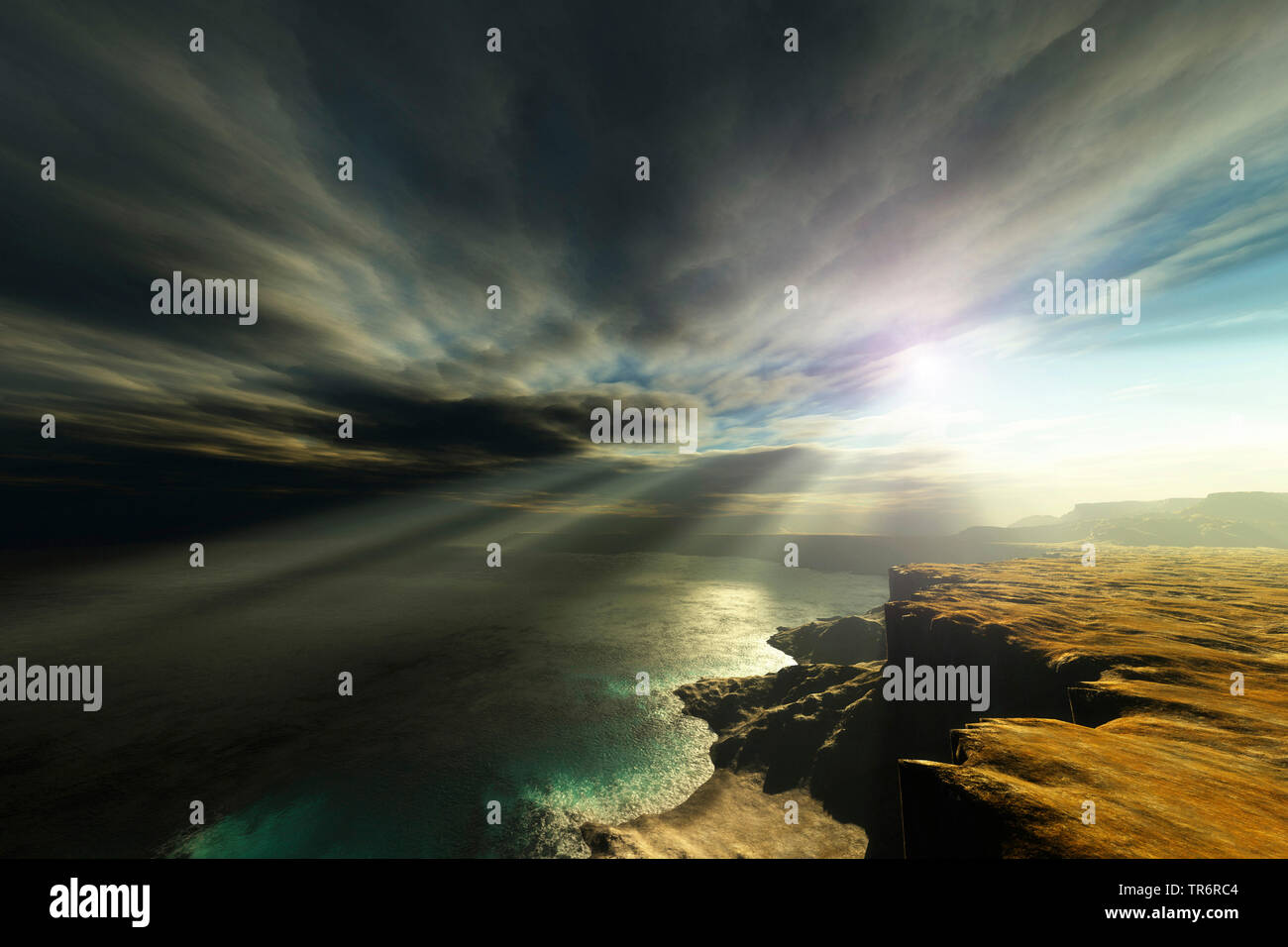 Virtual il paesaggio costiero, raggi solari rottura attraverso le nuvole, grafica computerizzata Foto Stock