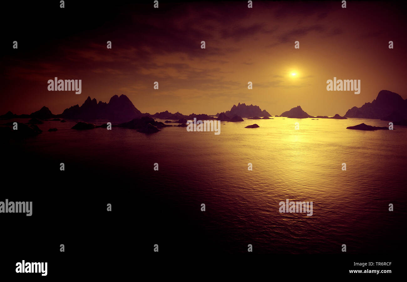 Paesaggio virtuale, paesaggi costieri con isole rocciose nel tramonto, computer graphic Foto Stock