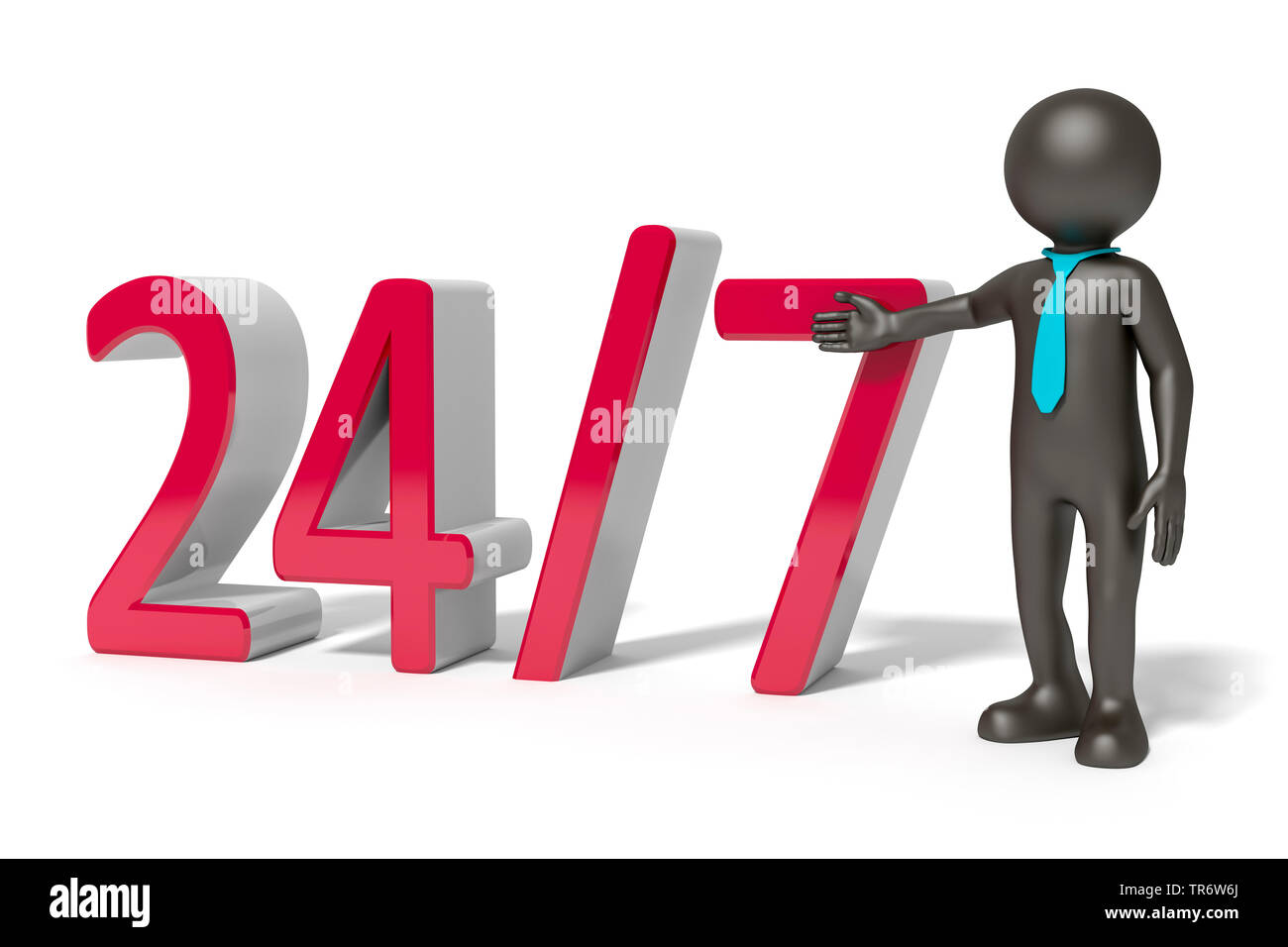 3D uomo icona di colore grigio che puntano a un grande segno 24/7 Foto Stock