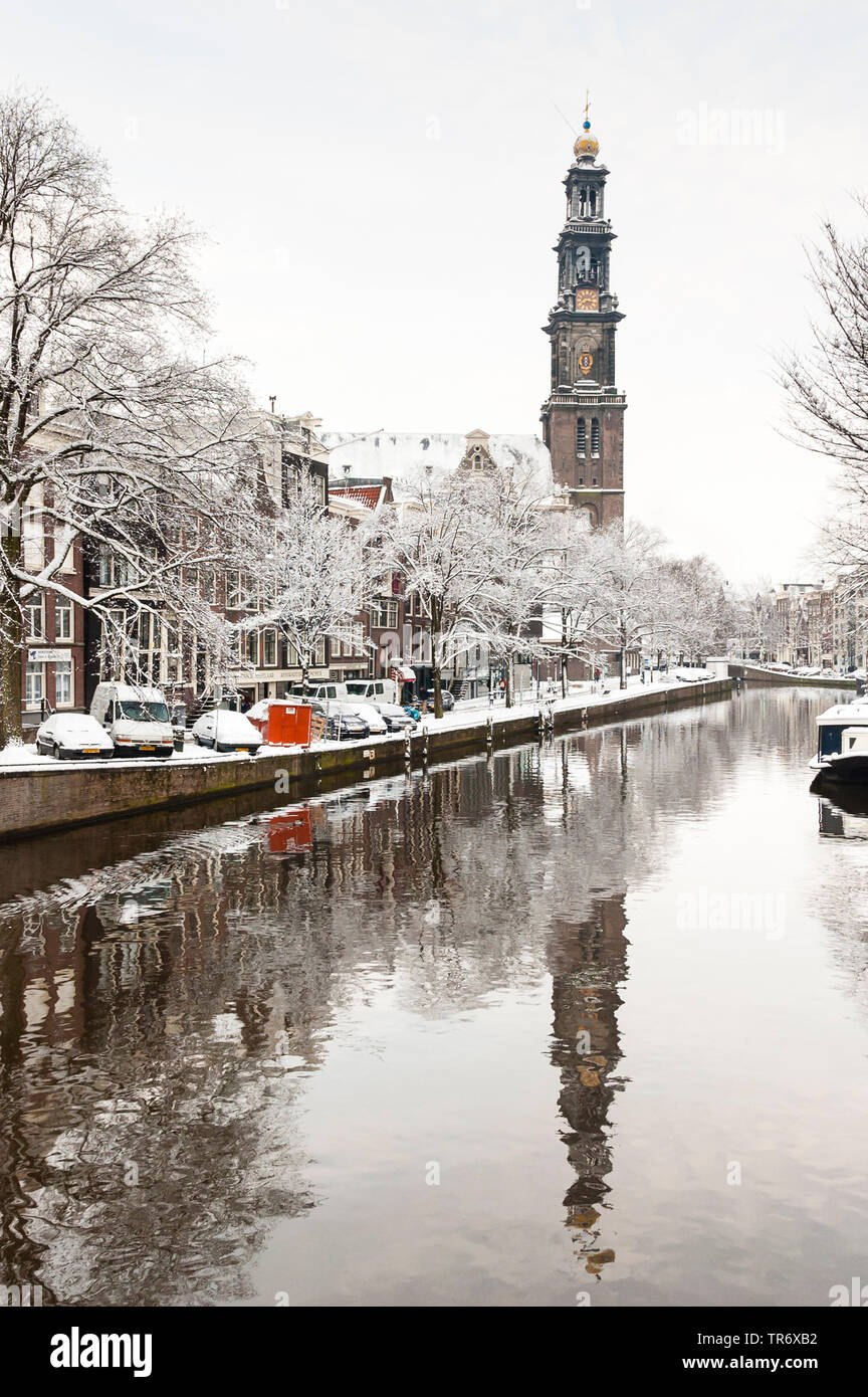 Paesaggio di coperte di neve, Amsterdam Westerkerk, Paesi Bassi, Noord-Holland, Amsterdam Foto Stock