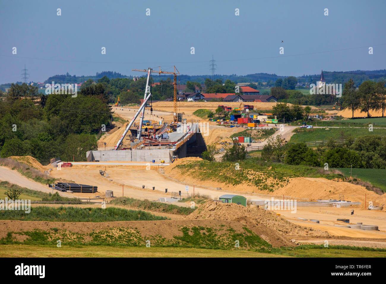 Nuova costruzione dell'autostrada A 94, costruzione di ponti al di sopra della Goldachtal, in Germania, in Baviera, Isental Foto Stock