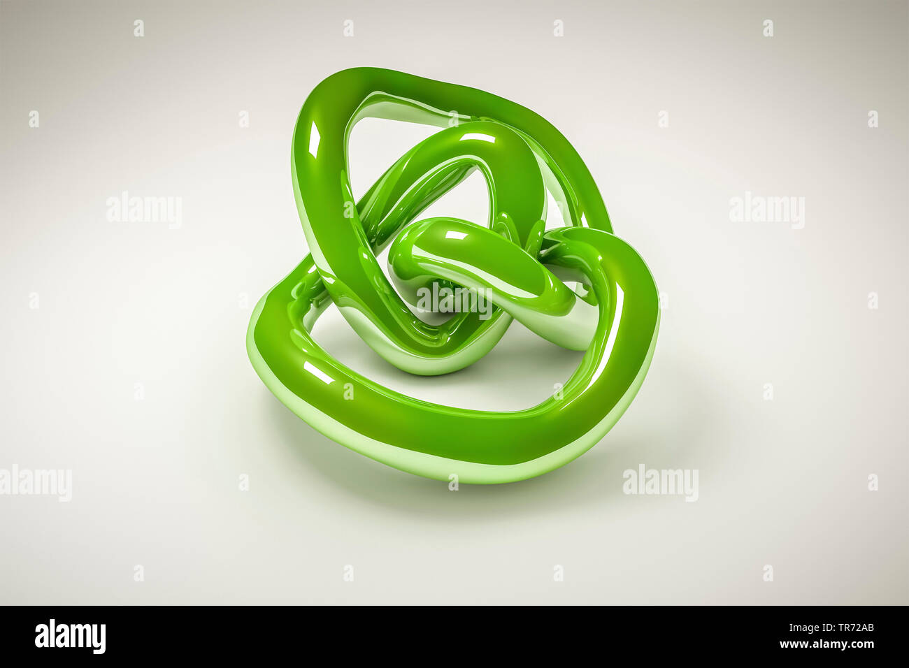 La computer grafica 3D, illustrata nodo gordiano fuori splendente materiale verde Foto Stock