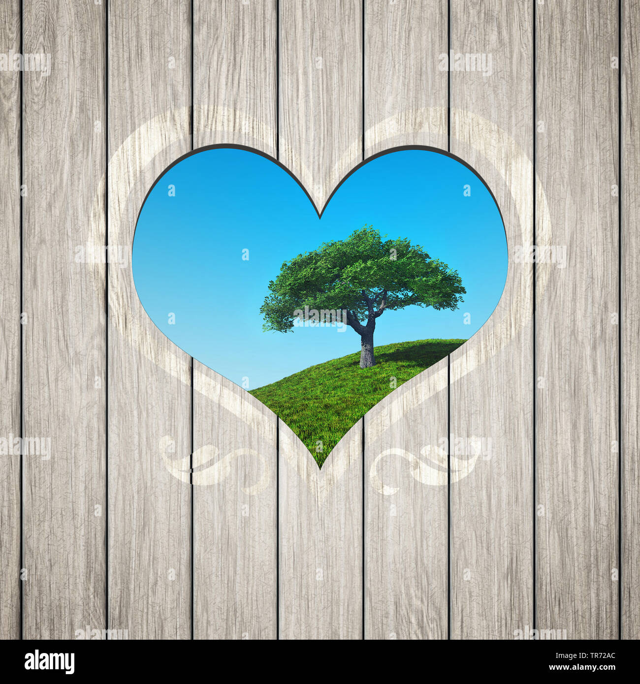 La computer grafica 3D, a forma di cuore ritagliarsi il rilascio di un singolo albero in background Foto Stock