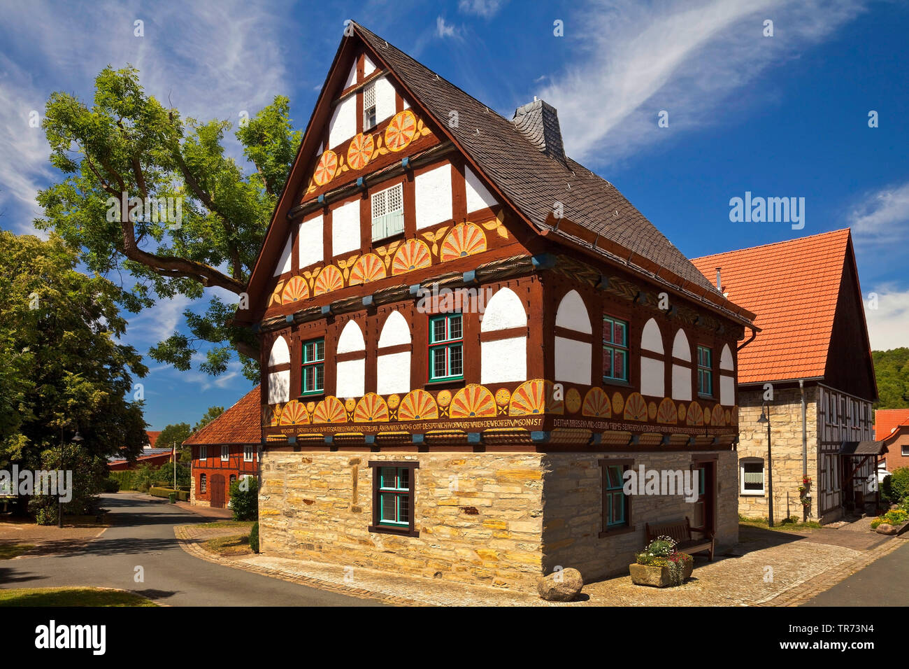 Magazzino, storico di legno a casa di Atteln, in Germania, in Renania settentrionale-Vestfalia, East Westfalia, Lichtenau Foto Stock