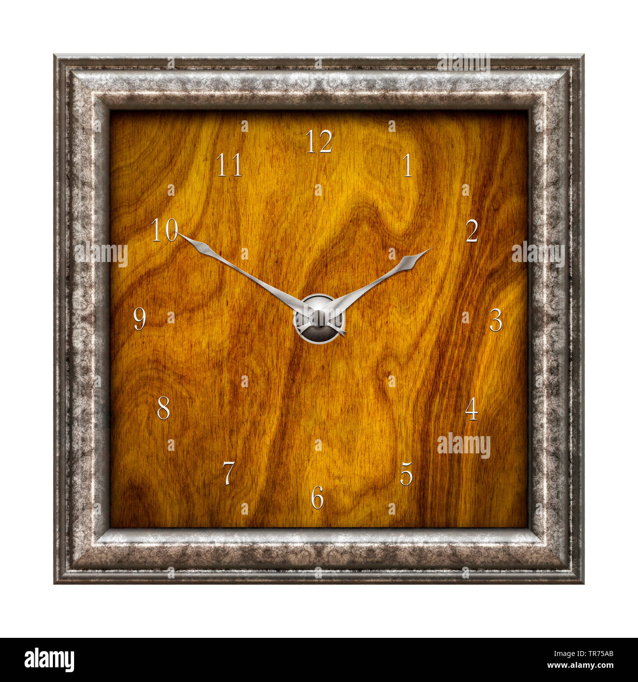 Vecchio orologio ade di legno contro uno sfondo bianco Foto Stock