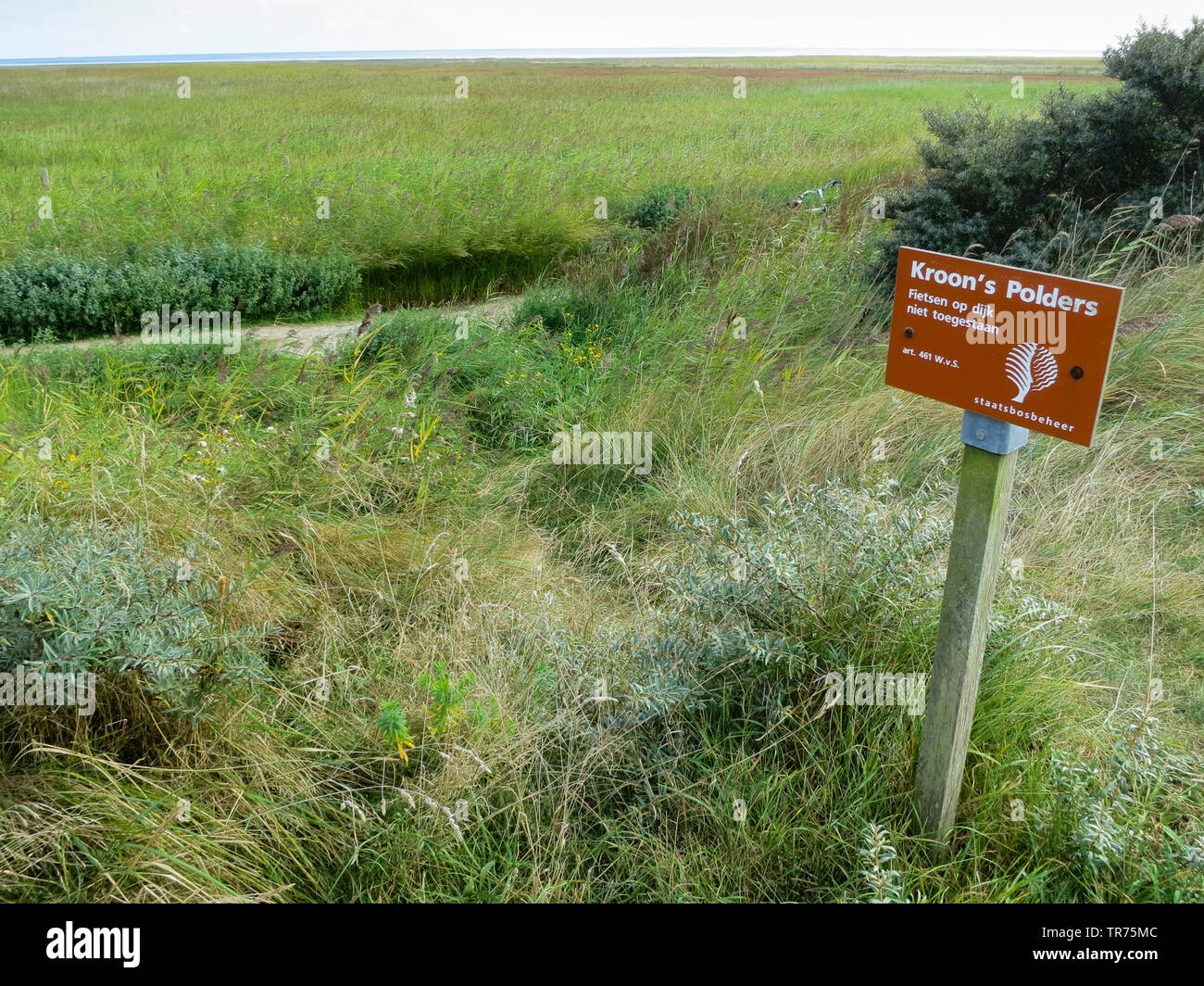 Kroon's Polders con segno Staatsbosbeheer, Paesi Bassi, Frisia, Vlieland Foto Stock