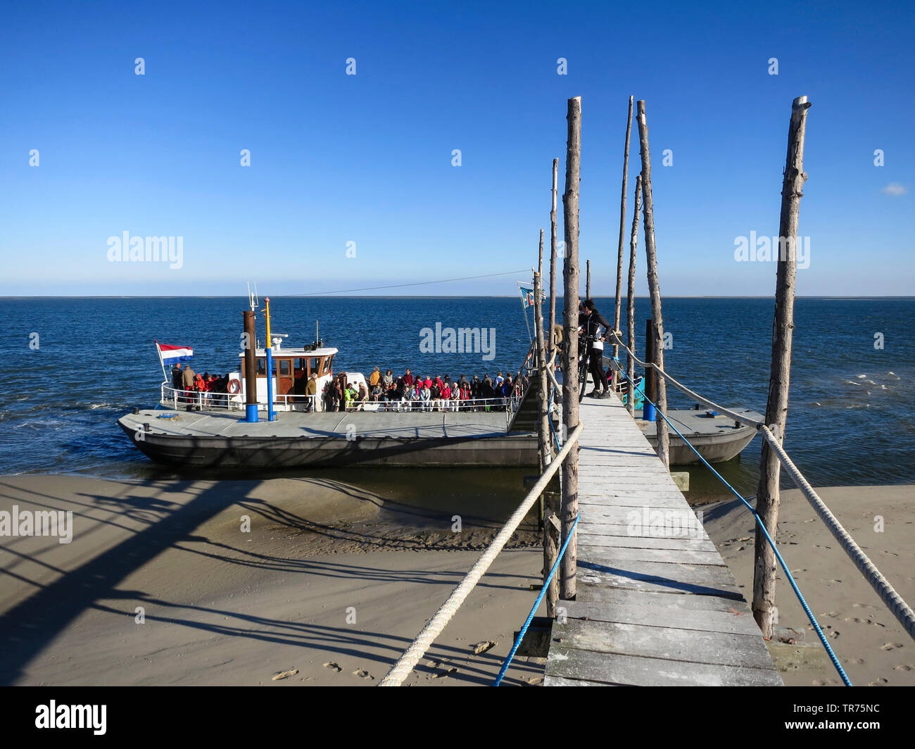 Persone su una nave traghetto in fase di atterraggio, Paesi Bassi, Frisia, Vlieland Foto Stock