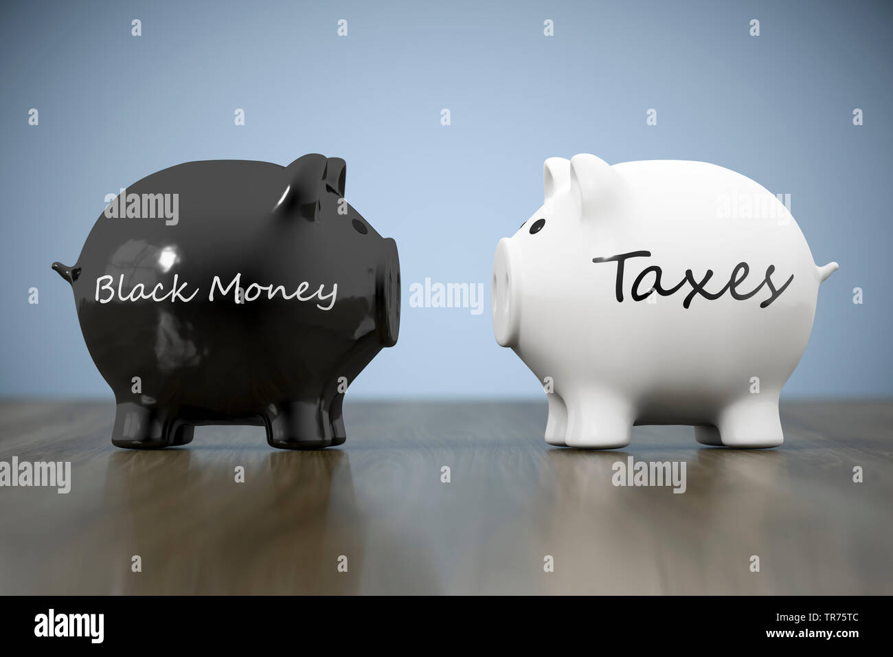 Salvadanaio di due banche con le parole denaro nero e tasse Foto Stock