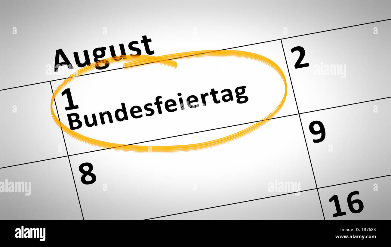 Dettaglio del calendario mostra il 1 agosto, Bundesfeiertag in lingua tedesca, Svizzera Foto Stock