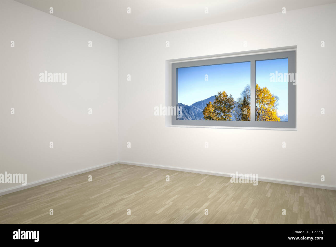 La computer grafica 3D, stanza vuota con le pareti bianche e finestra svelando un paesaggio naturale Foto Stock