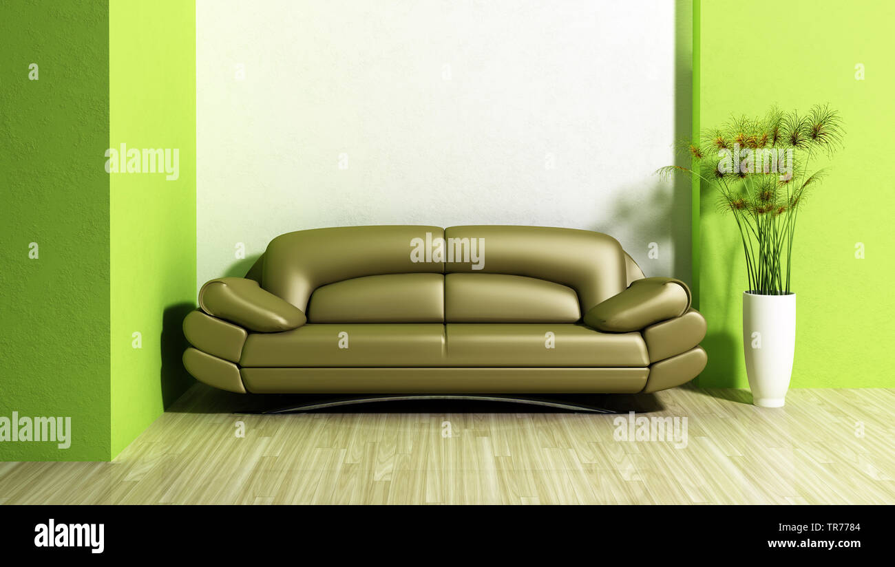 La computer grafica 3D, design di interni con divano in pelle in colore verde contro un verde/muro bianco Foto Stock