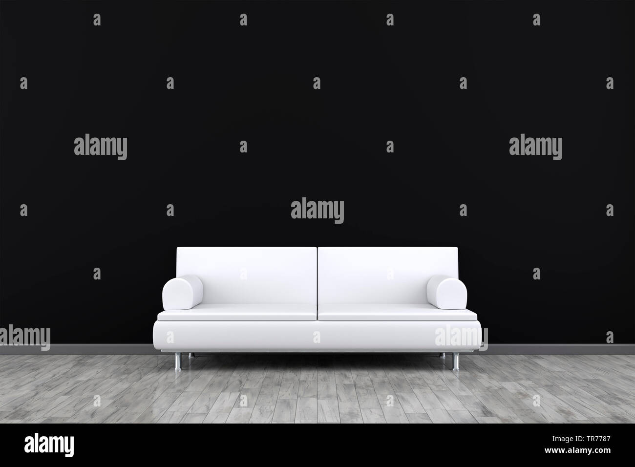 La computer grafica 3D, design di interni con divano in pelle di colore bianco contro un muro nero Foto Stock