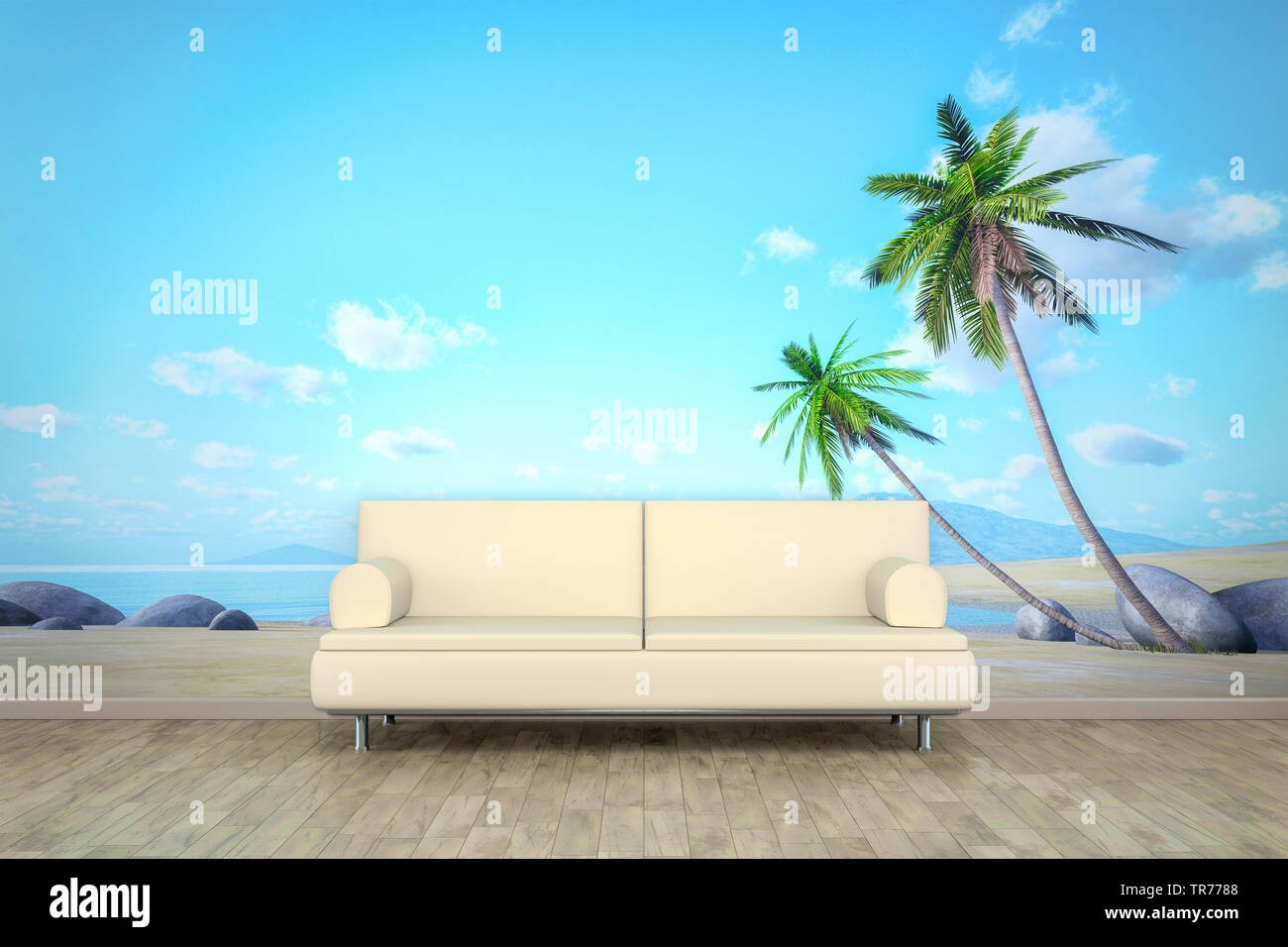 La computer grafica 3D, design di interni con divano in pelle di colore bianco contro un sfondo fotografico con spiaggia motif Foto Stock