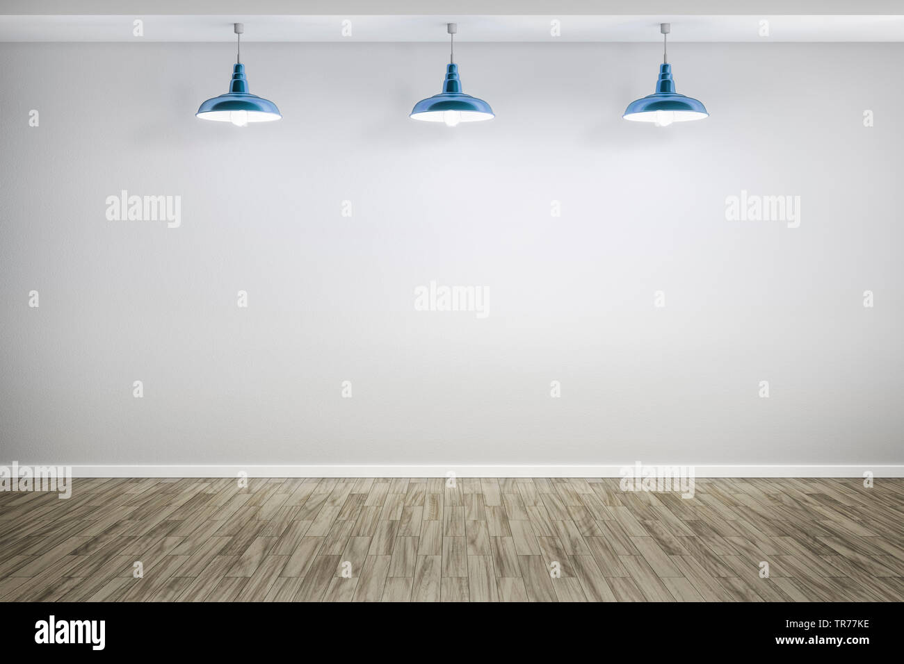 La computer grafica 3D, stanza vuota con pavimento in legno e la parete in colore grigio con tre luci di caduta Foto Stock