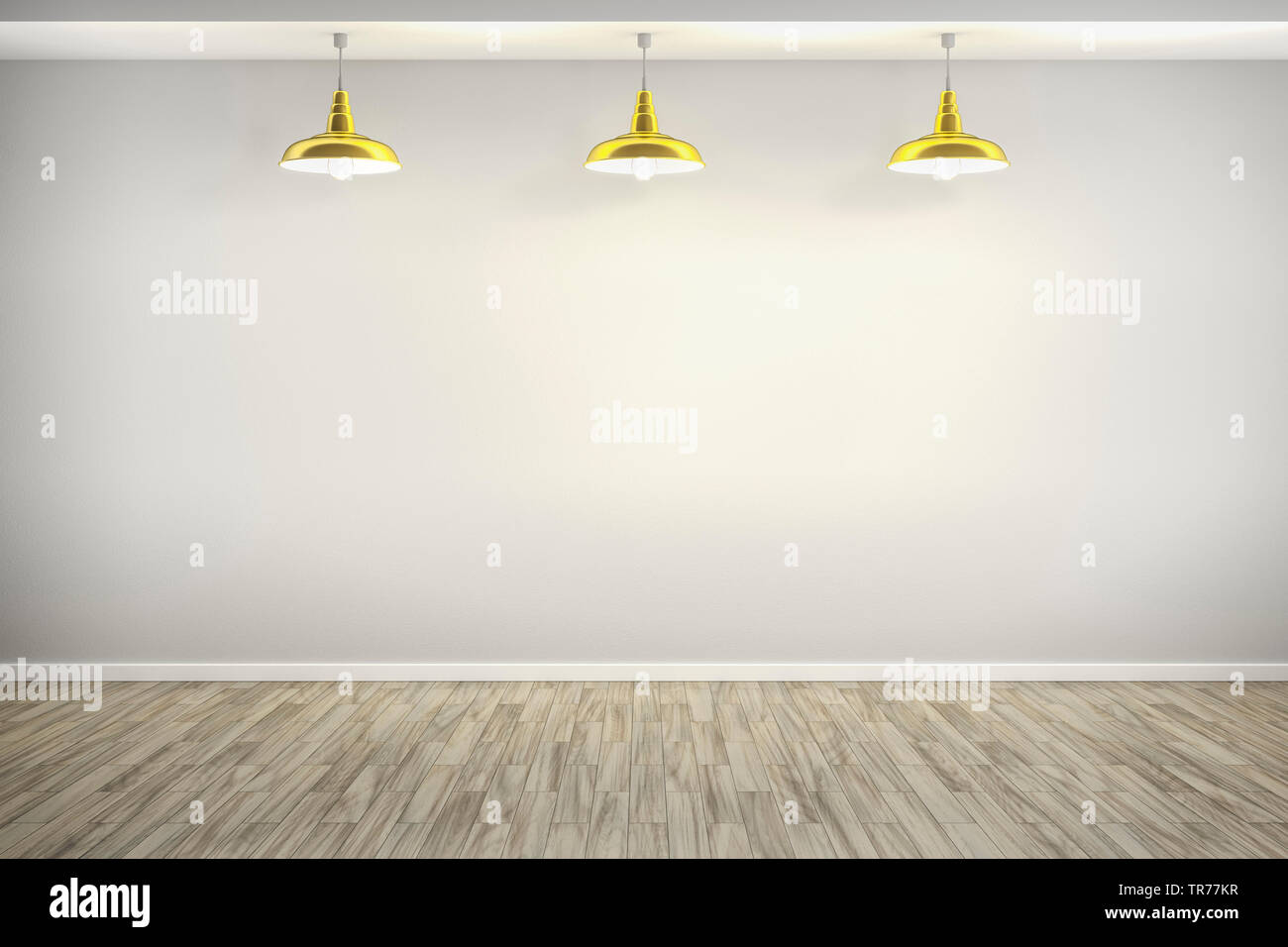 La computer grafica 3D, stanza vuota con pavimento in legno e la parete in colore grigio con tre luci di caduta Foto Stock