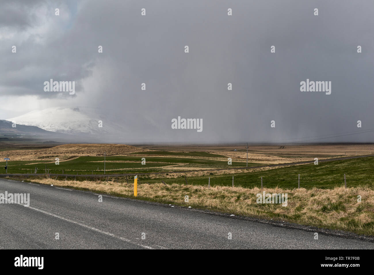 Maggio nel nord-ovest dell'Islanda - un avvicinamento snowstorm spazia sulla campagna Foto Stock