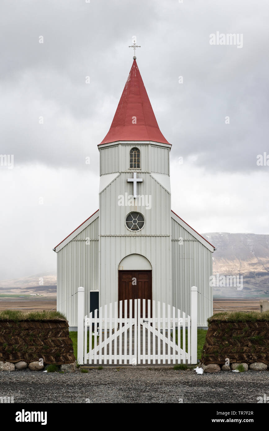 Il ferro corrugato chiesa a Glaumbaer (Glaumbaejarkirkja), Skagafjörður, Islanda Foto Stock