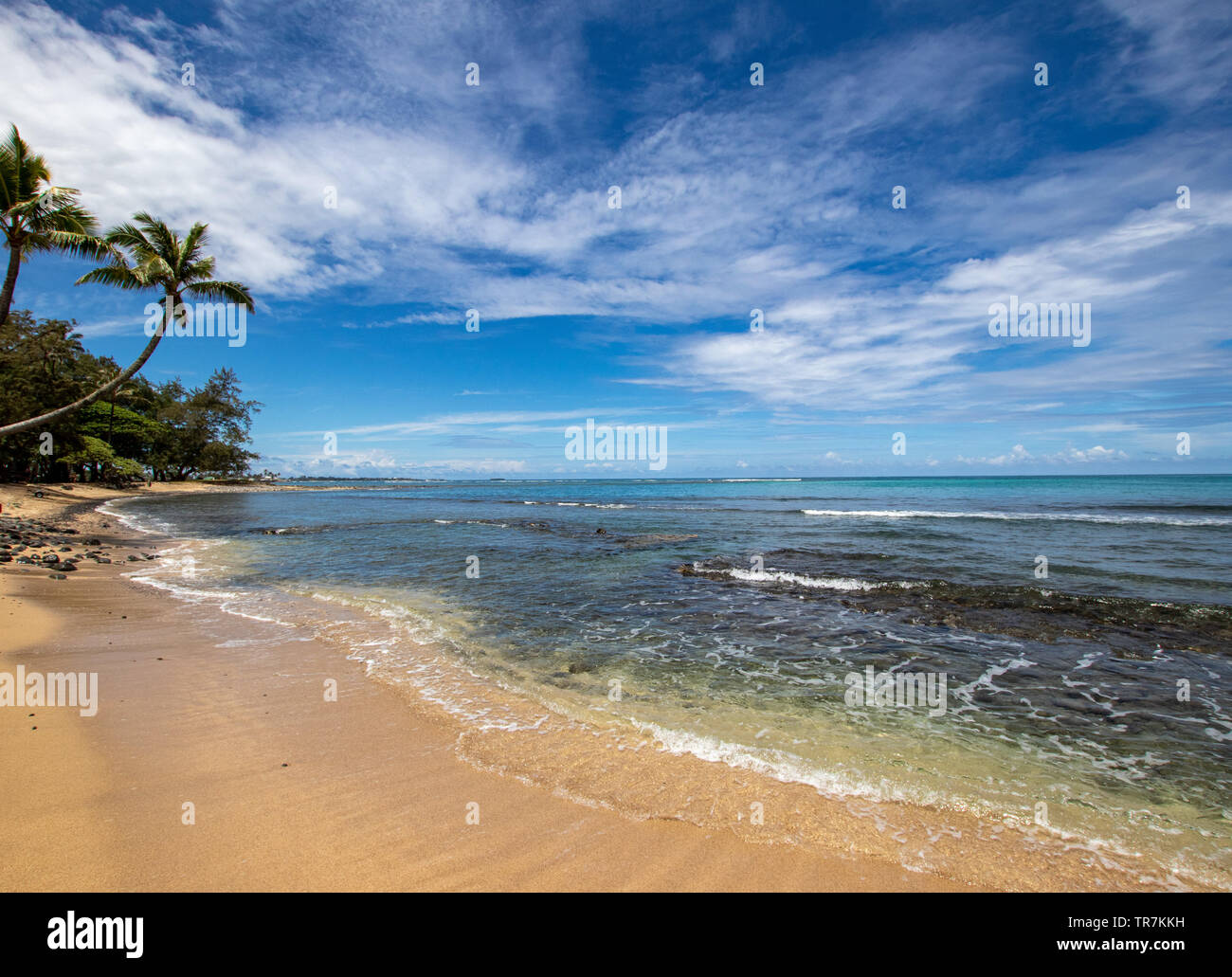 Bellissima spiaggia hawaiana lungo la sponda settentrionale della grande isola Foto Stock