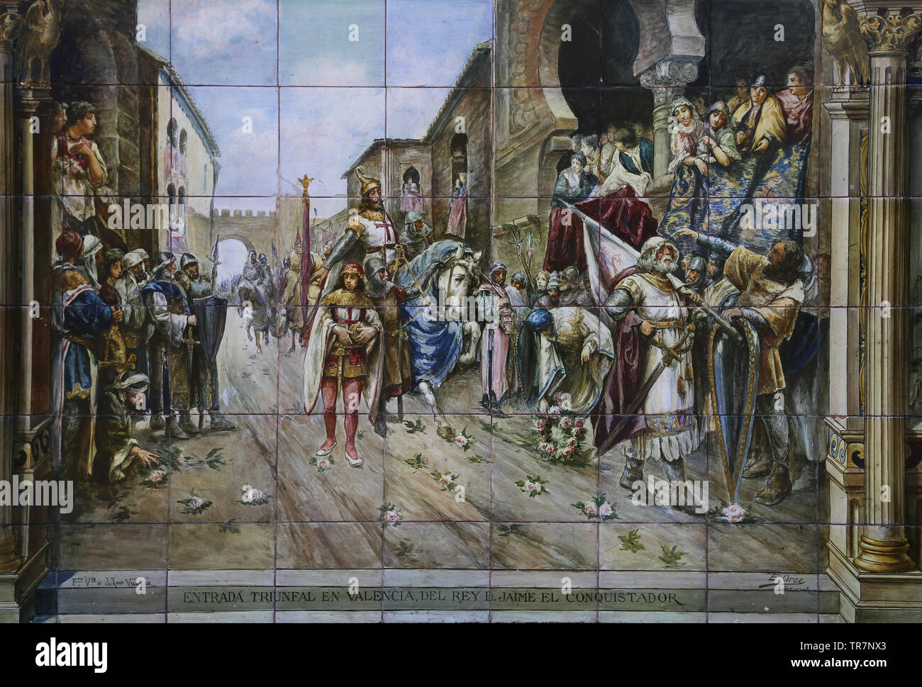 Conquista del Regno di Valencia.1238. Ingresso trionfale di Jaime I d'Aragona. Le piastrelle smaltate. Piazza di Spagna. Siviglia, Spagna. Foto Stock