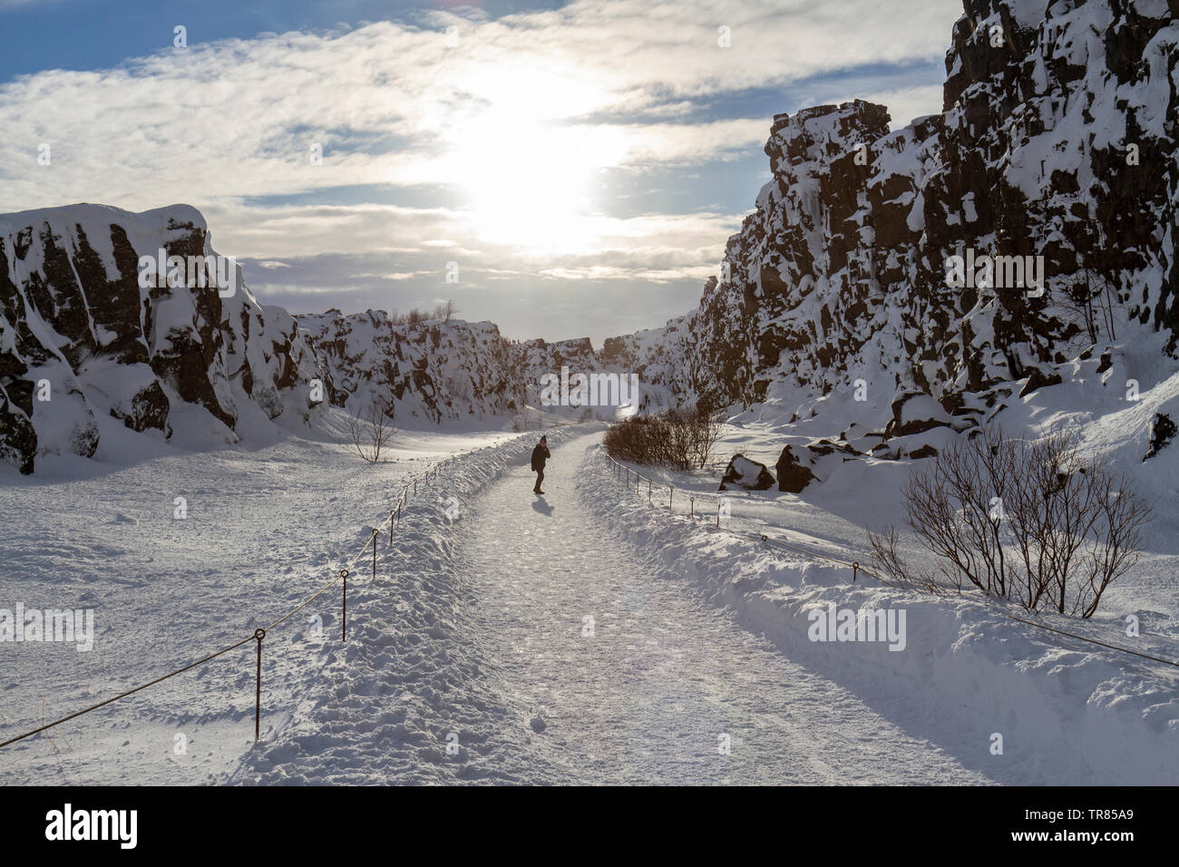 Un giovane visitatore nella Rift valley segnando il mid-Atlantic ridge in Thingvellir National Park, Islanda. Foto Stock