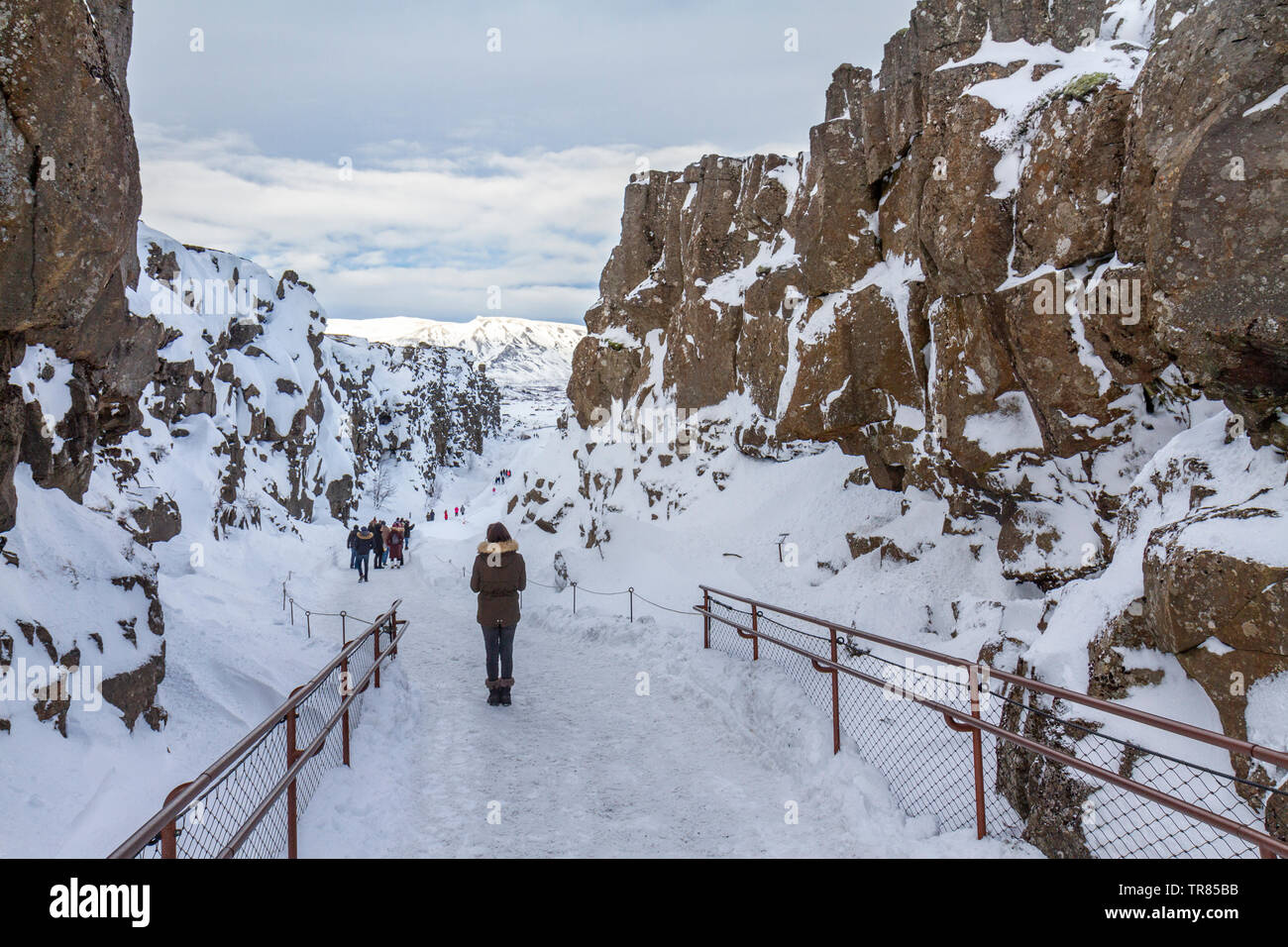 Un gruppo di turisti nella Rift valley segnando il mid-Atlantic ridge in Thingvellir National Park, Islanda. Foto Stock
