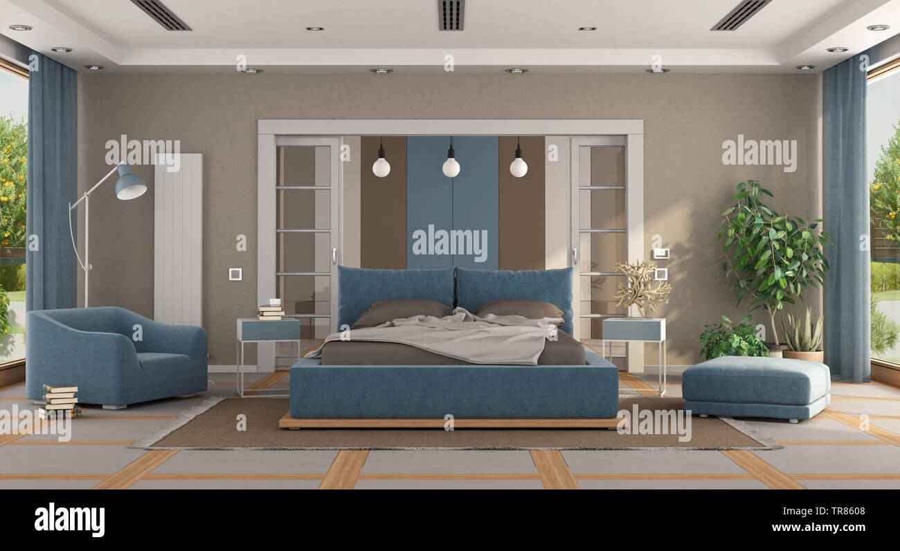 Luxury blu e marrone a camera da letto padronale con letto doppio, poltrona, sgabello e dressroom sullo sfondo - il rendering 3D Foto Stock