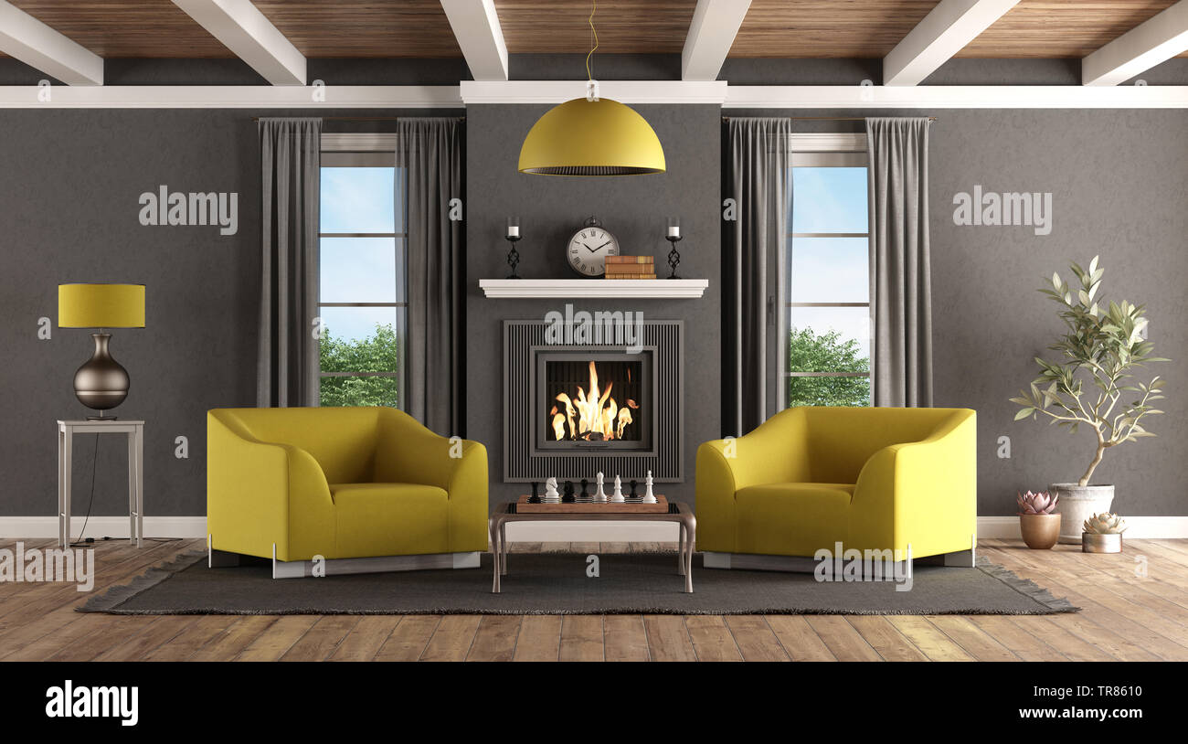 Classico soggiorno con caminetto , moderno poltrona di colore giallo e la scacchiera sul tavolo da caffè - 3d rendering Foto Stock