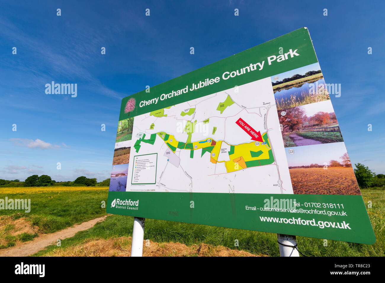 Mappa scheda layout di Cherry Orchard Giubileo Country Park, Rochford Country Park, Southend, Essex, Regno Unito. Wildlife Park in Roach valley. I campi di Prato Foto Stock