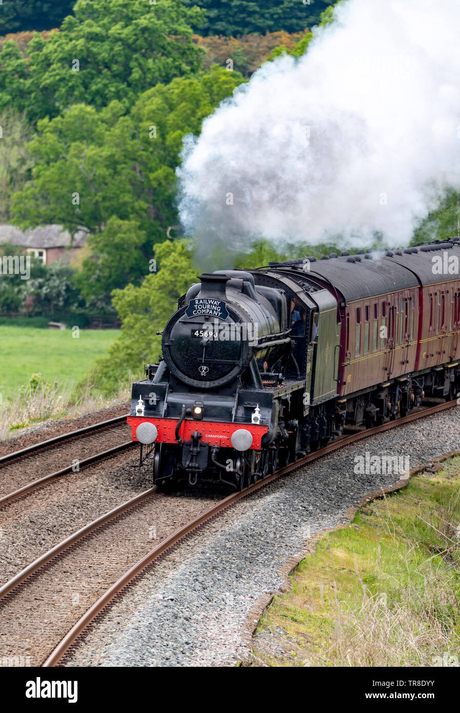 Locomotiva a vapore, LMS Giubileo Classe, 45690 Leander a Armathwaite angolo su Carlisle per estinguere la linea Foto Stock