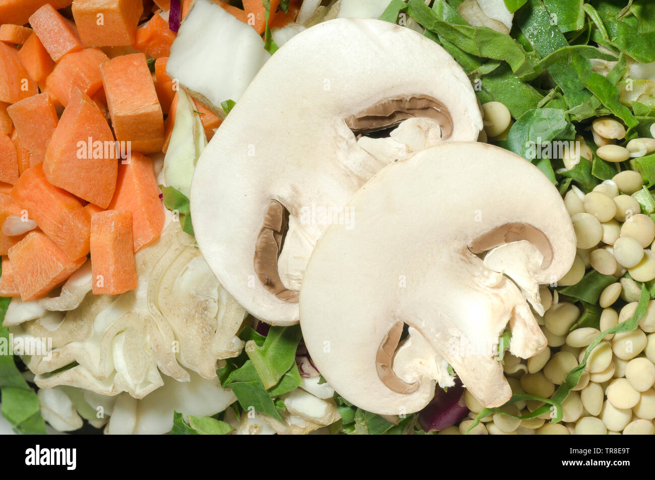 Varie verdure tritate, carota, cavolfiore, lattuga, lenticchie, fungo. Vista superiore Foto Stock