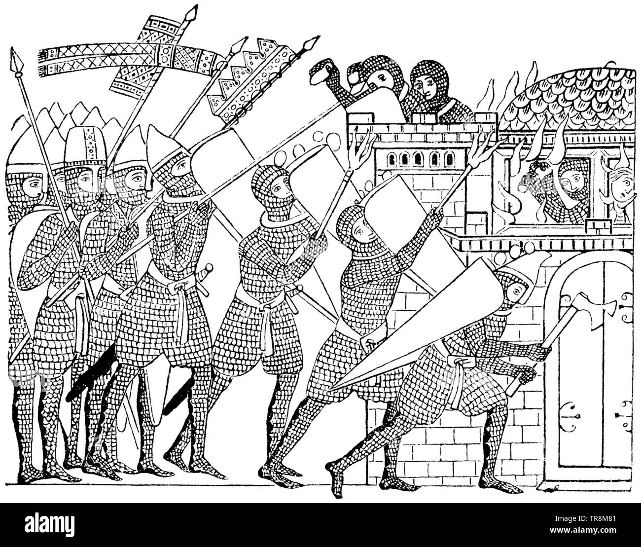 Assedio di un castello. Secondo una foto nel manoscritto di Hortus deliciarum il Herrad di Landsperg. Xii secolo , (Enciclopedia, 1893) Foto Stock