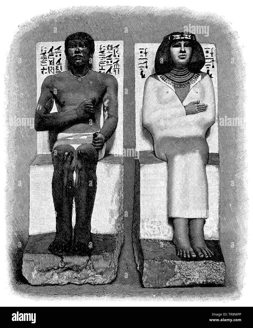 Statue di pietra calcarea del Rahotep e il Nefert, secondo la fotografia di Brugsch, , (storia dell'arte libro, 1900) Foto Stock